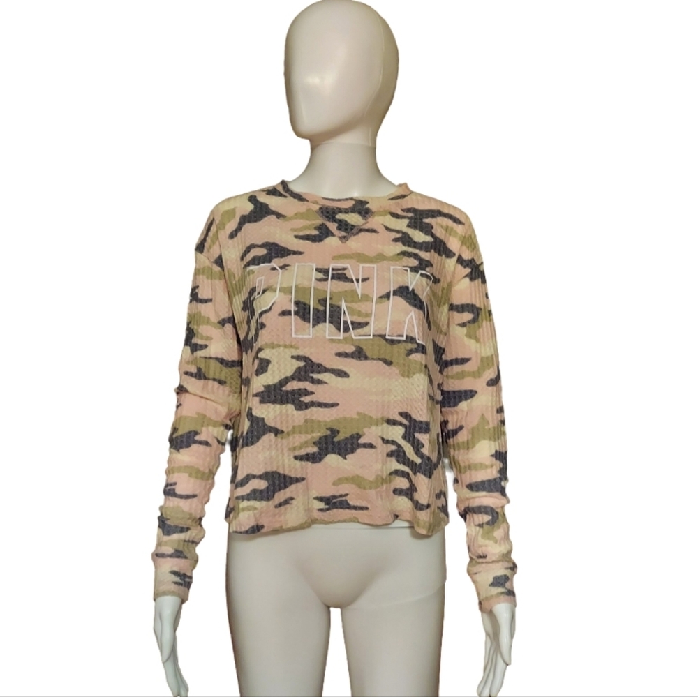 Victoria's Secret Pink Camo Waffle Knit Long Sleeve Boxy Crop Top